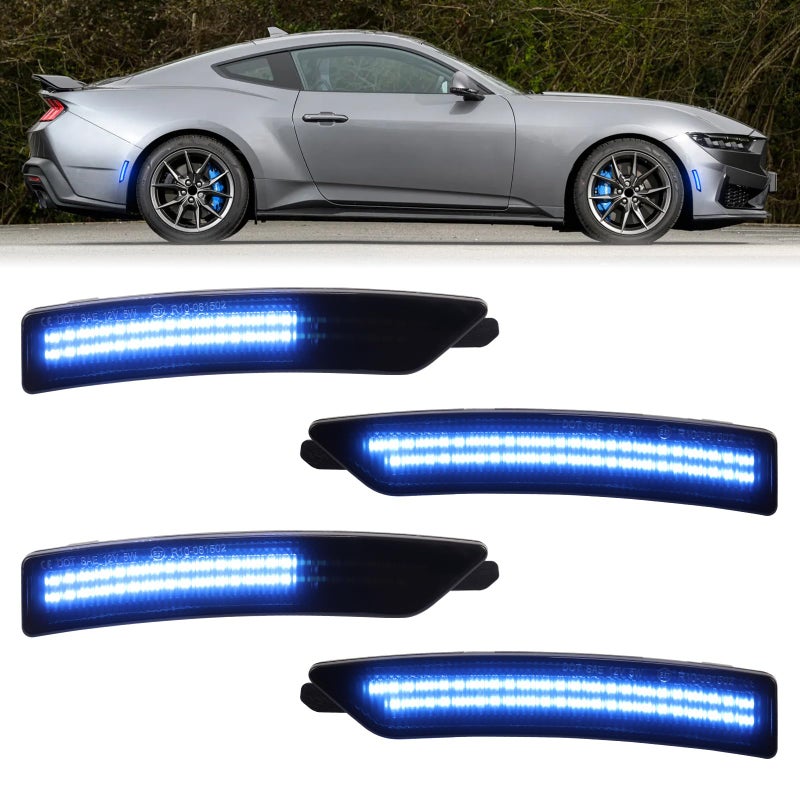 أضواء جانبية ديناميكية زرقاء LED لسيارة فورد موستانج S650 2024 2025 داكنة هورس إيكوبوست GT GTD مصابيح إشارة مسح أمامية وخلفية 4 قطع عدسة مدخنة